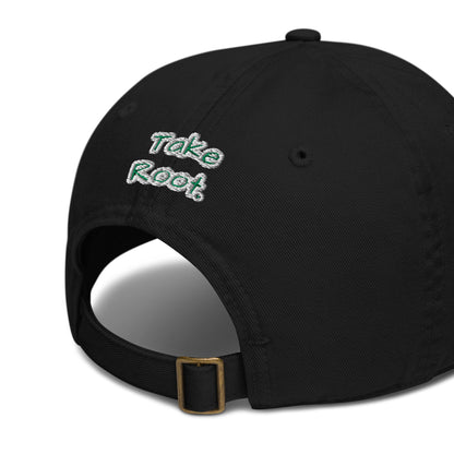 SAGE Take Root organic baseball cap in black, detail view