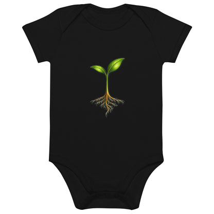 Take Root — Organic Cotton Baby Bodysuit — Growth From the Start — black front view