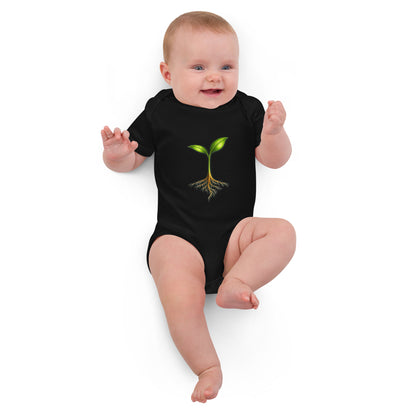 Take Root — Organic Cotton Baby Bodysuit — Growth From the Start — black front view
