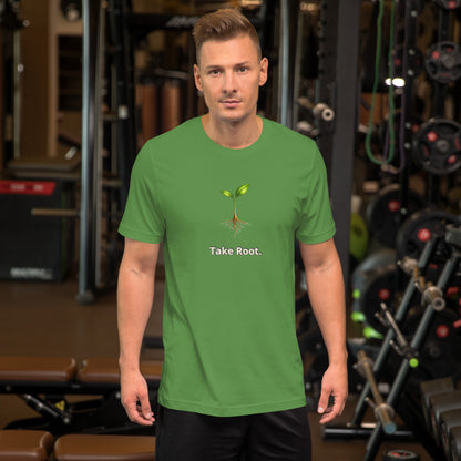 Take Root — Cyber Sage Tee (Seed Series) | Leaf, Sky & Ember — leaf front view