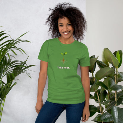 Take Root — Cyber Sage Tee (Seed Series) | Leaf, Sky & Ember — leaf front view