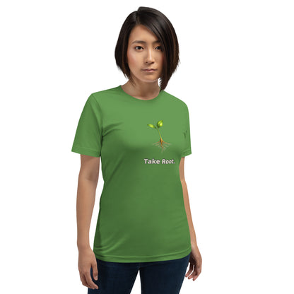 Take Root — Cyber Sage Tee (Seed Series) | Leaf, Sky & Ember — leaf front view
