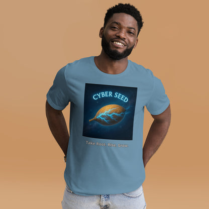 Cyber Seed Originals — Take Root. Rise. Grow. — steel blue front view