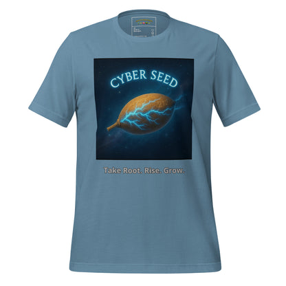 Cyber Seed Originals — Take Root. Rise. Grow. — steel blue front view