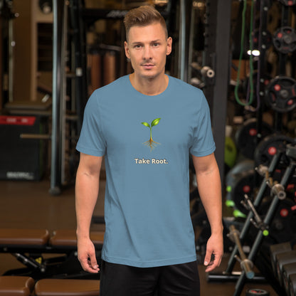 Take Root — Cyber Sage Tee (Seed Series) | Leaf, Sky & Ember — steel blue front view