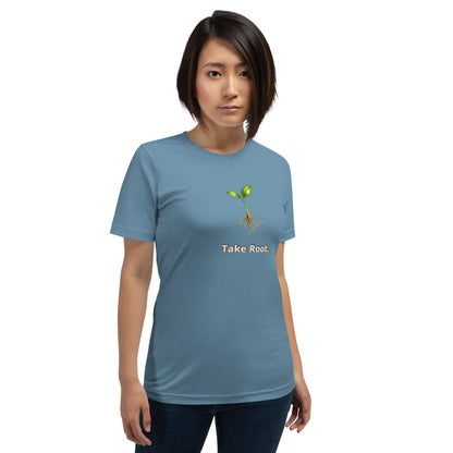 Take Root — Cyber Sage Tee (Seed Series) | Leaf, Sky & Ember — steel blue front view