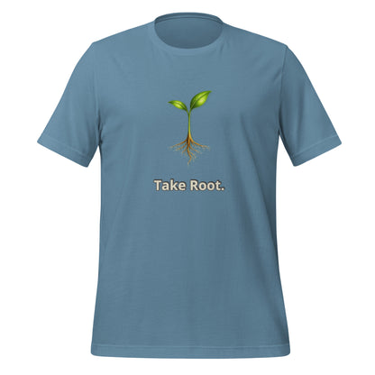 Take Root — Cyber Sage Tee (Seed Series) | Leaf, Sky & Ember — steel blue front view