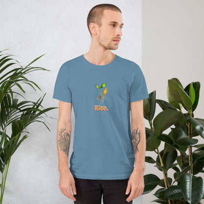 Rise — Cyber Sage Tee (Seed Series) — steel blue front view