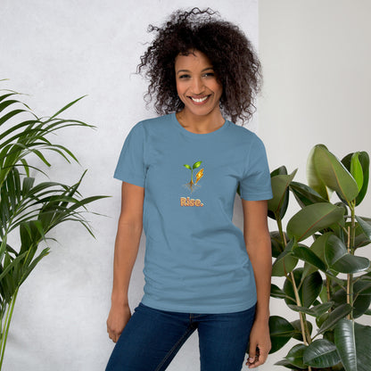 Rise — Cyber Sage Tee (Seed Series) — steel blue front view