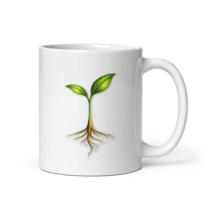 Take Root Grove white glossy mug, 11 oz, handle on right