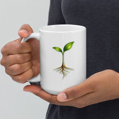 Take Root Grove white glossy mug, 15 oz, handle on left