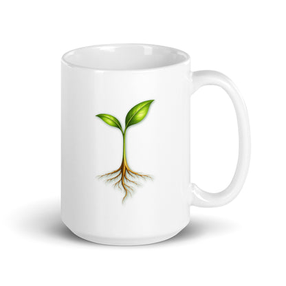 Take Root Grove white glossy mug, 15 oz, handle on right