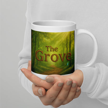 The Mug of the Grove - White and Glossy Edition — white 20 oz handle on right-side view