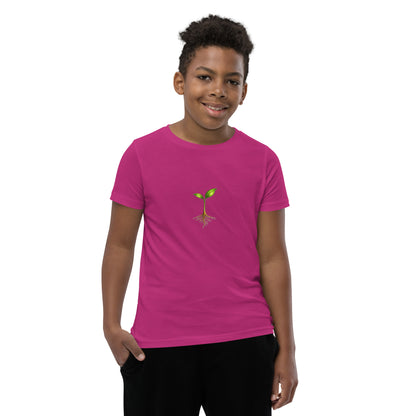 Take Root growth-symbol youth T-shirt in berry, front view