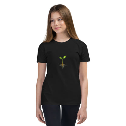 Take Root growth-symbol youth T-shirt in black, front view