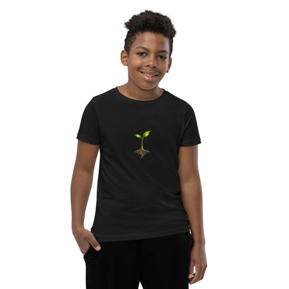 Take Root growth-symbol youth T-shirt in black, front view