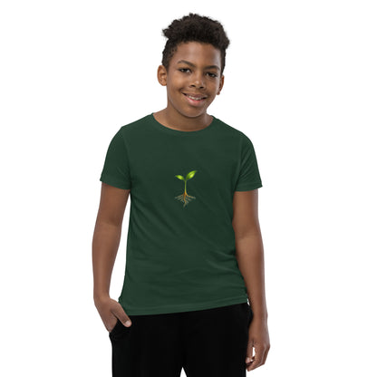 Take Root growth-symbol youth T-shirt in forest green, front view