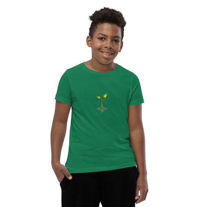 Take Root growth-symbol youth T-shirt in kelly, front view