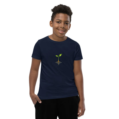 Take Root growth-symbol youth T-shirt in navy, front view